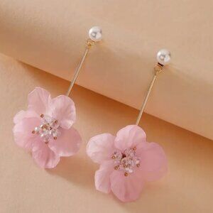 Women's Pink Fabric Flower Floral Gold Metal Faux Pearl Drop Earrings